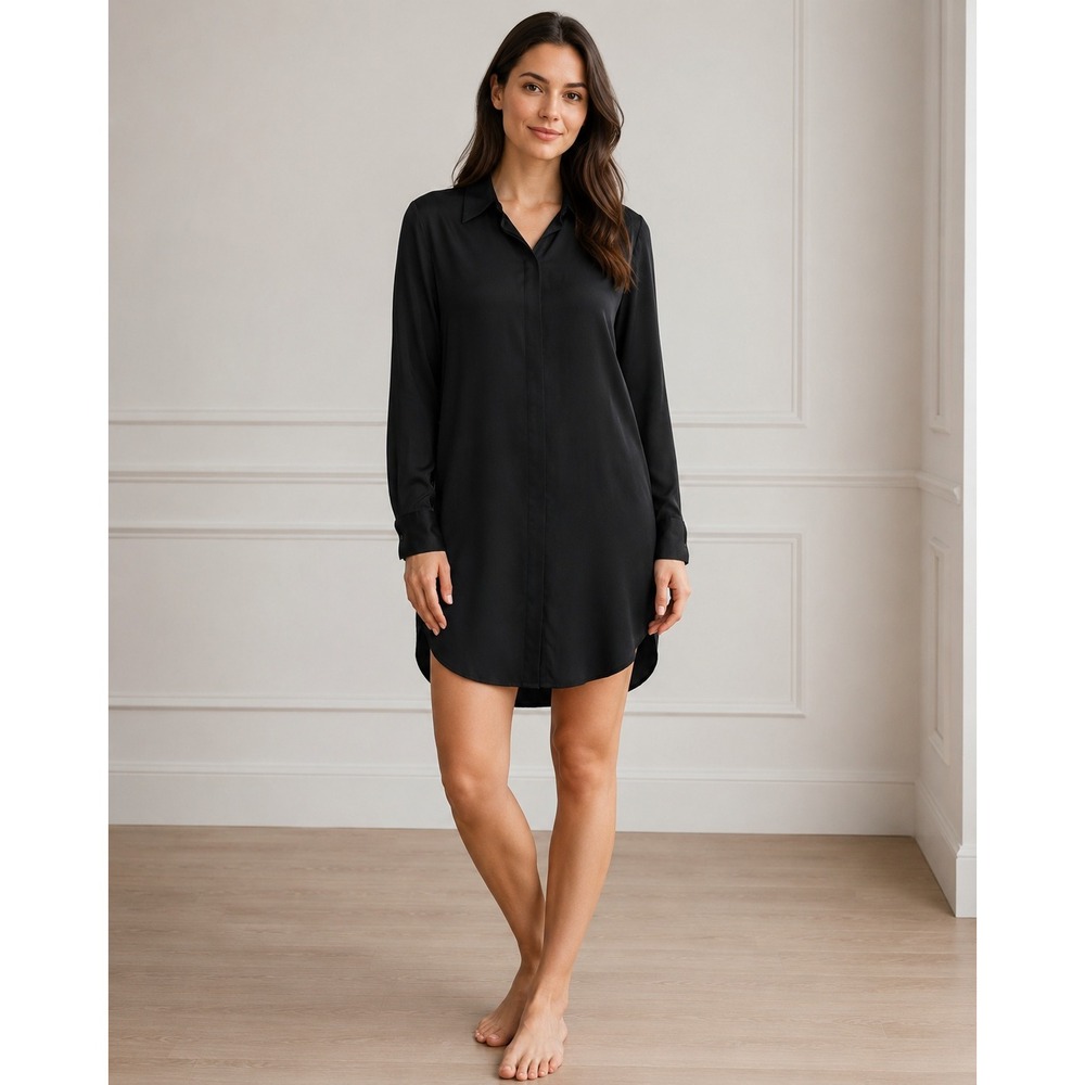 Quince Washable Silk Black Shirt Dress XS Long Sleeve Minimalist Midi Tunic